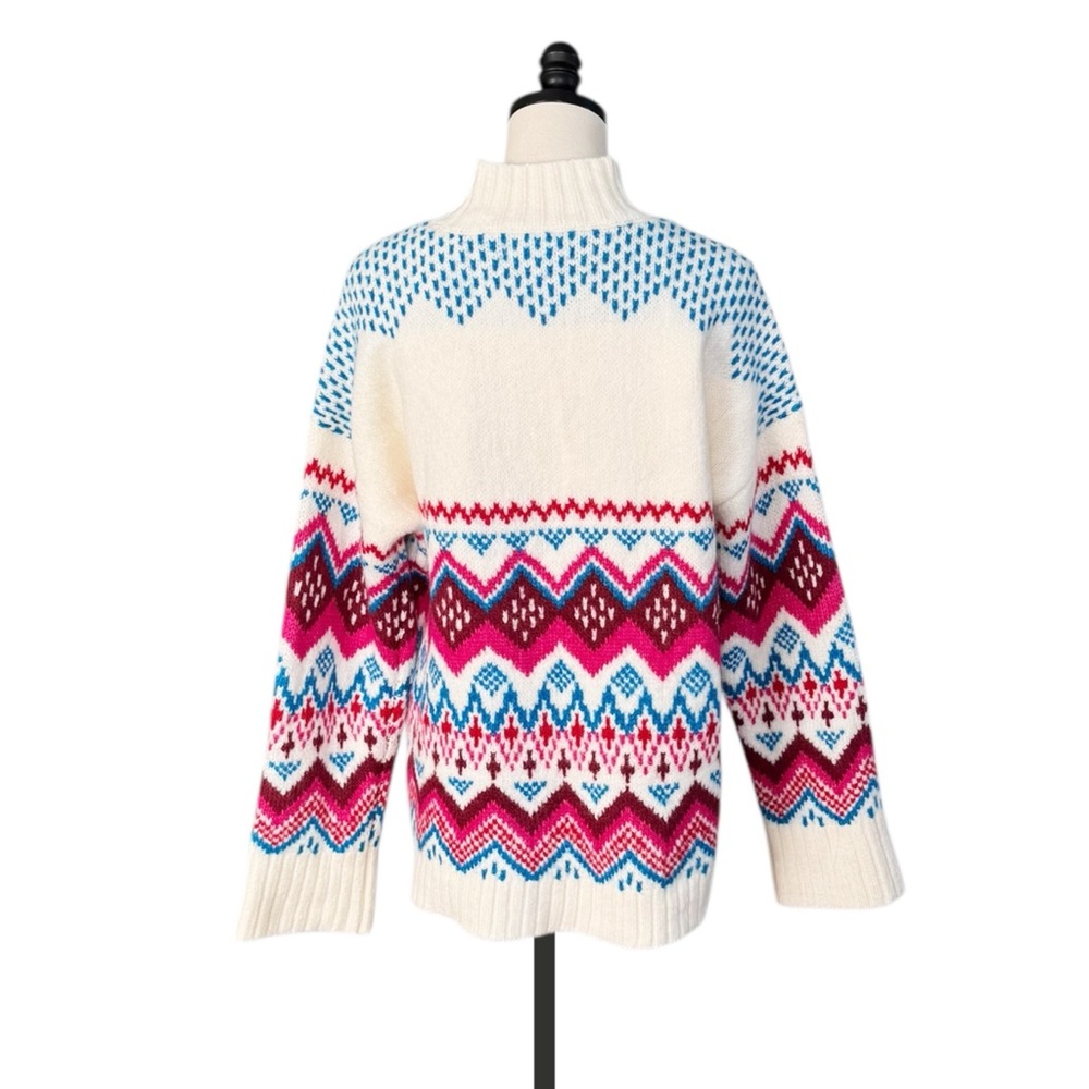 LOFT Whisper White Fair Isle Wide Sleeve Mock Neck Sweater - Picture 3 of 9